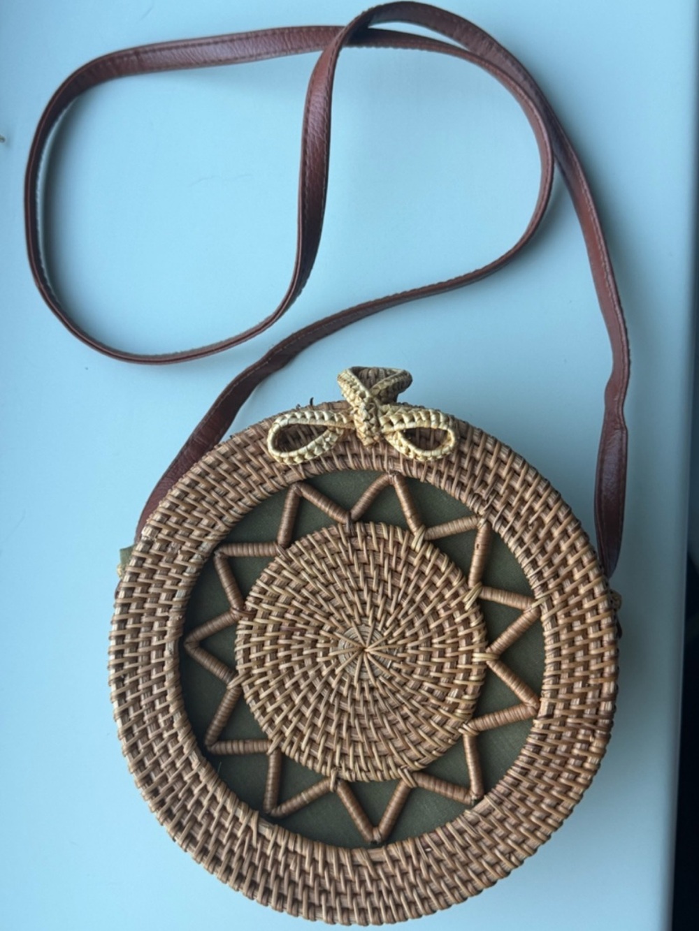 Red Dress Boutique Round Woven Crossbody Bag in Tan